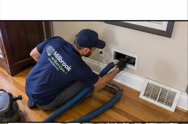 Millbrook Air Duct Care technician cleaning an air duct vent in a Worcester, MA home